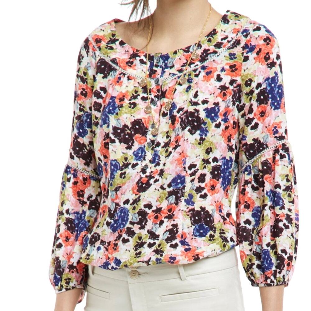 Anthropologie Maeve Pansyfield Floral Peasant Blouse Size 6